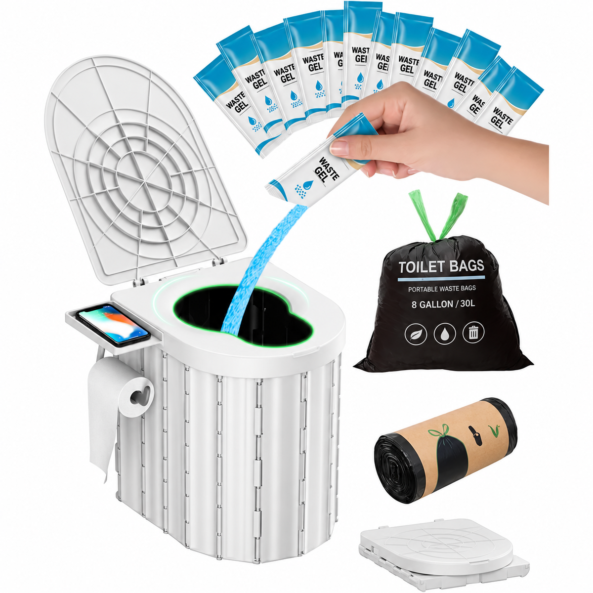 Portable Camping Toilet with Gel and Leakproof Bags Odor Control Travel Toilet for Adults and Kids Ergonomic Outdoor Toilet Perfect for Camping Road Trips Emergency Use and Outdoor Adventures Sturdy and Easy to Clean Portable Toilet for All Your Outd