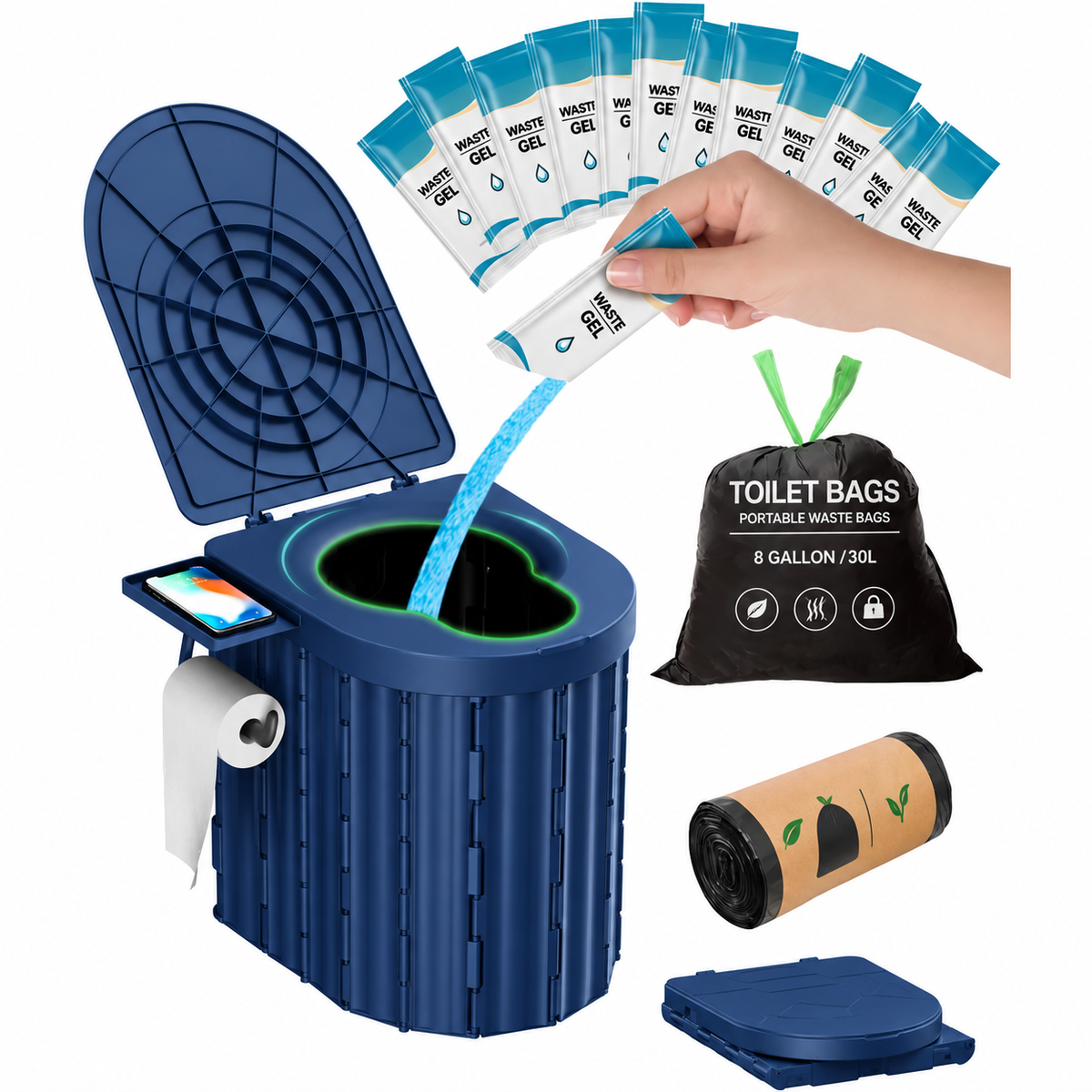 Portable Camping Toilet with Gel and Leakproof Bags Odor Control Travel Toilet for Adults and Kids Ergonomic Outdoor Toilet Perfect for Camping Road Trips Emergency Use and Outdoor Adventures Sturdy and Easy to Clean Portable Toilet for All Your Outd