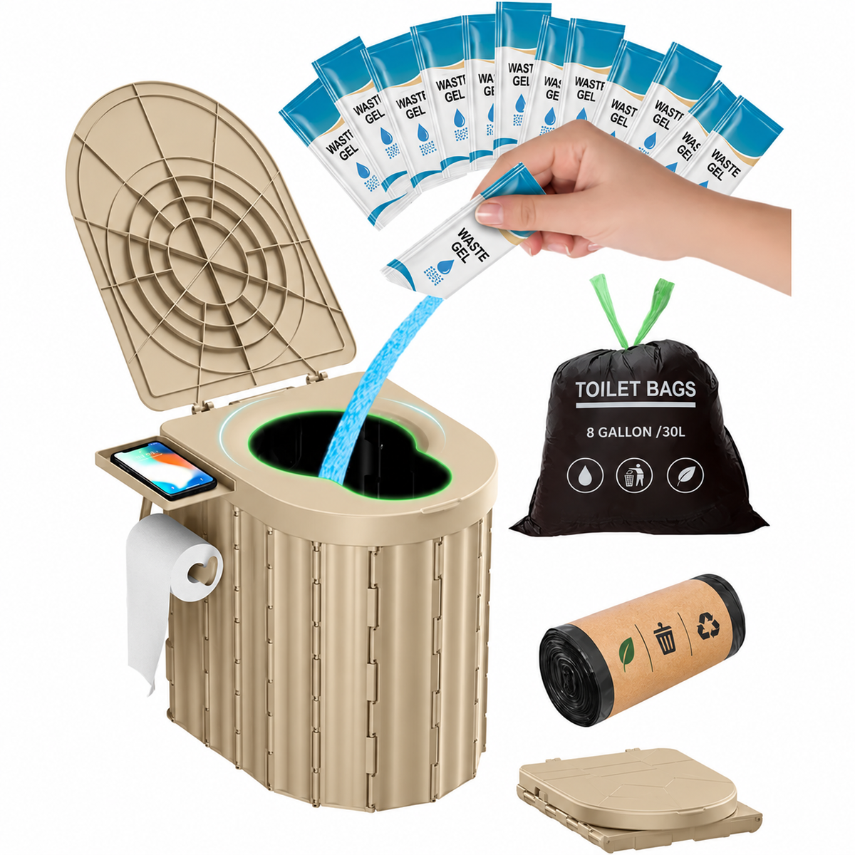 Portable Camping Toilet with Gel and Leakproof Bags Odor Control Travel Toilet for Adults and Kids Ergonomic Outdoor Toilet Perfect for Camping Road Trips Emergency Use and Outdoor Adventures Sturdy and Easy to Clean Portable Toilet for All Your Outd