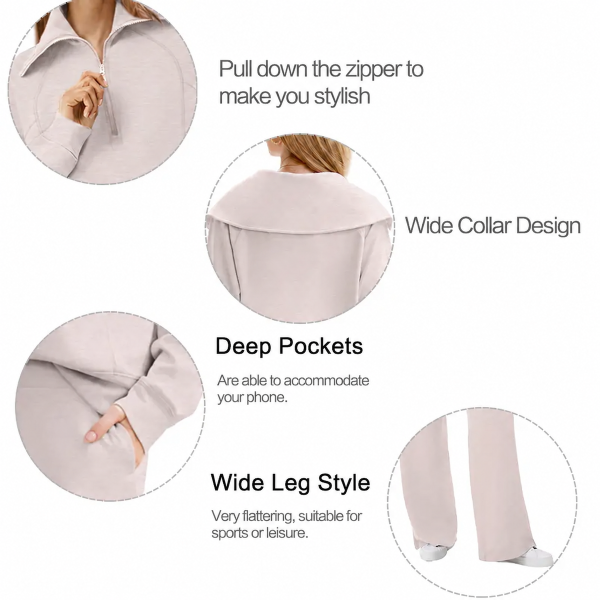 Women’s Half-Zip Sweatshirt & Wide-Leg Pants Set – Relaxed Two-Piece Outfit