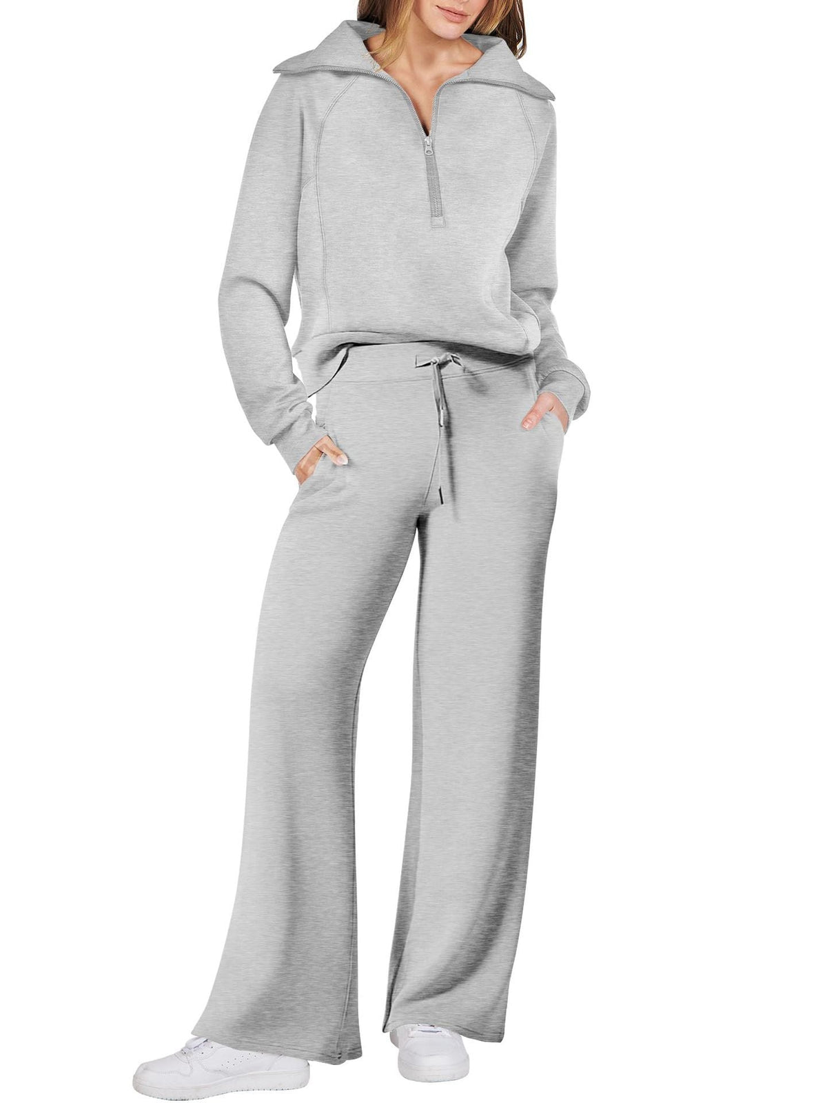 Women’s Half-Zip Sweatshirt & Wide-Leg Pants Set – Relaxed Two-Piece Outfit