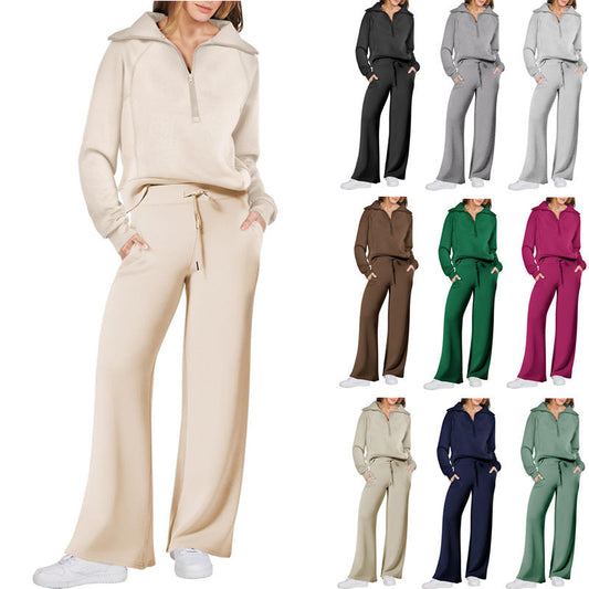 Women’s Half-Zip Sweatshirt & Wide-Leg Pants Set – Relaxed Two-Piece Outfit