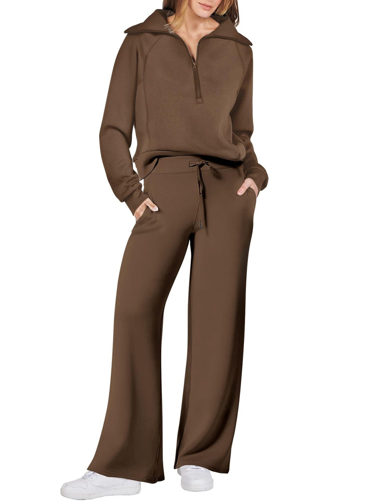 Women’s Half-Zip Sweatshirt & Wide-Leg Pants Set – Relaxed Two-Piece Outfit