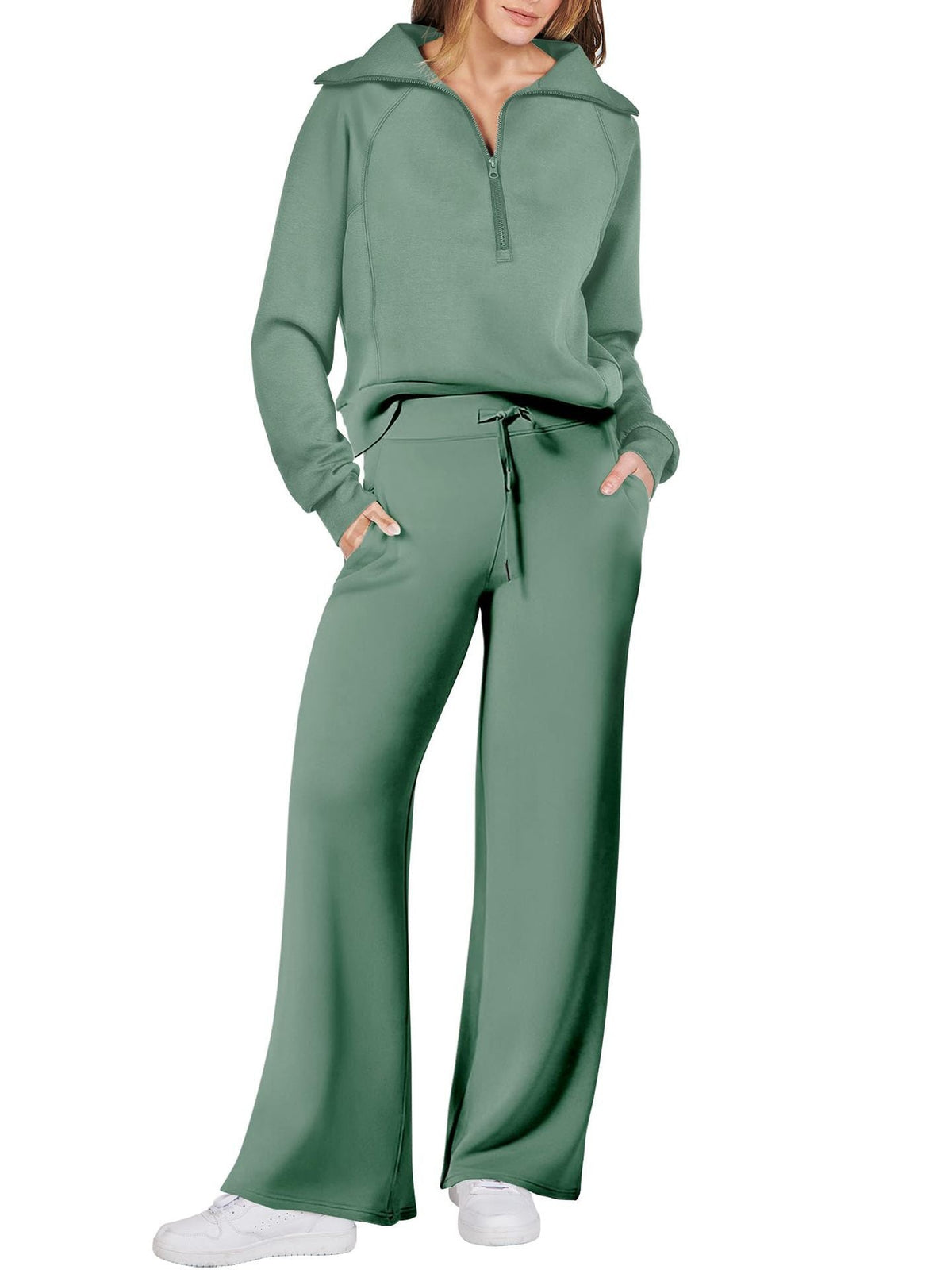 Women’s Half-Zip Sweatshirt & Wide-Leg Pants Set – Relaxed Two-Piece Outfit