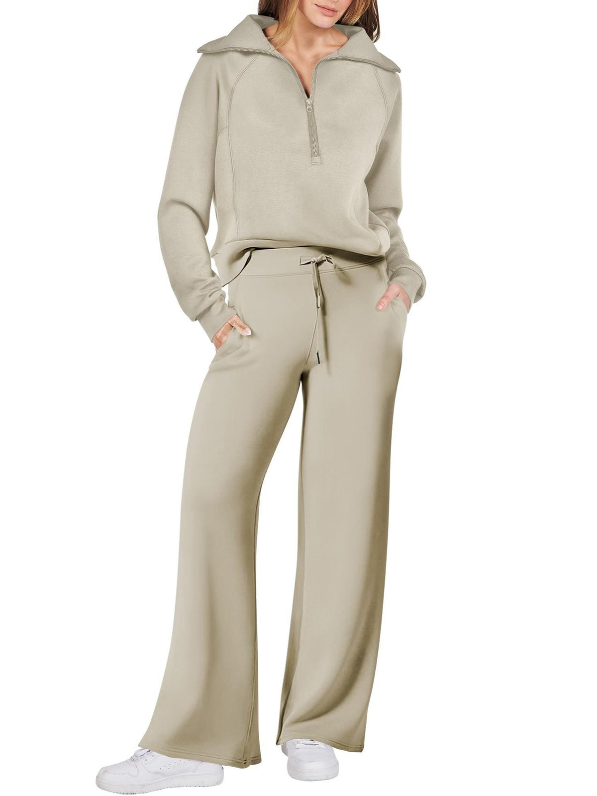 Women’s Half-Zip Sweatshirt & Wide-Leg Pants Set – Relaxed Two-Piece Outfit