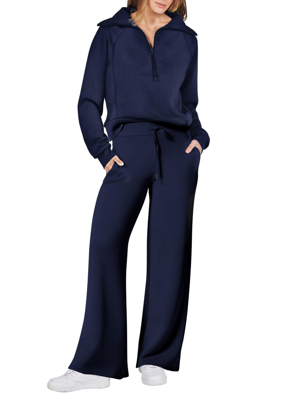 Women’s Half-Zip Sweatshirt & Wide-Leg Pants Set – Relaxed Two-Piece Outfit