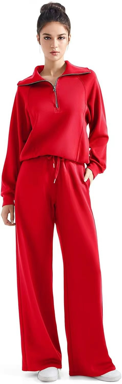 Women’s Half-Zip Sweatshirt & Wide-Leg Pants Set – Relaxed Two-Piece Outfit